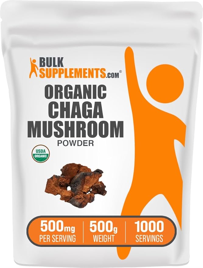 BulkSupplements.com Organic Chaga Mushrooms Powder - Chaga Mushroom Supplement Superfood Supplement - Vegan &amp Gluten Free 500mg per Serving 500g (1.1 lbs) (Pack of 1)