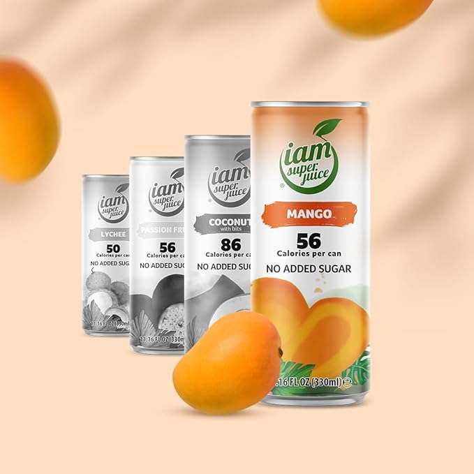 I am Superjuice Mango - Natural Fruit Juice Drink - Zero Added Sugar - Low in calories (56 per can) - 12 Pack x 11.16 FL OZ