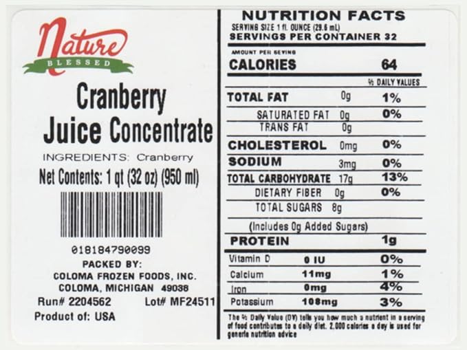 Nature Blessed 100% Pure Cranberry Fruit Juice Concentrate - 4 Quarts (4/32 fl oz bottles) Great for Home Vintners Brewers Cider Spirits or Smoothies