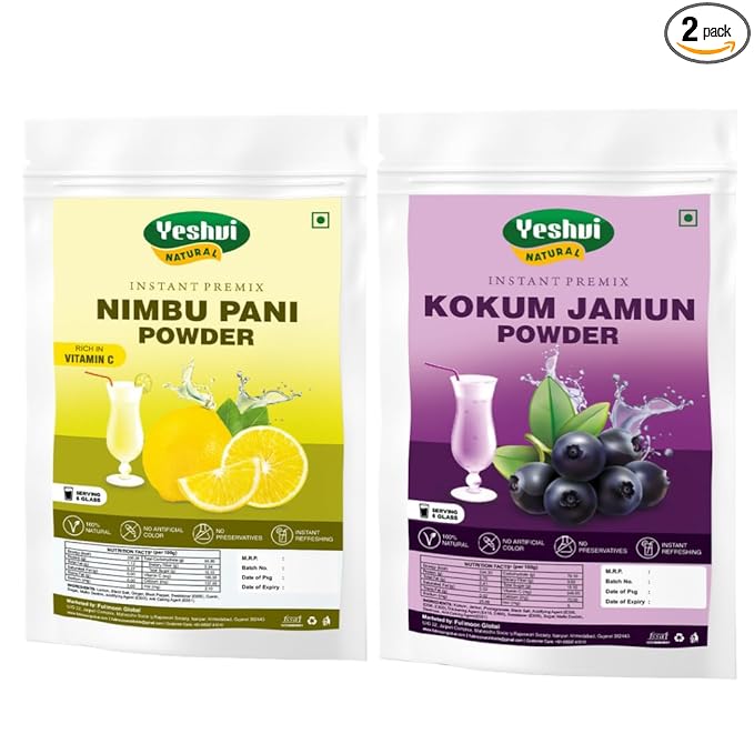 Yeshvi NATURAL Nimbu Pani &amp Kokum Jamun Fruit Juice Powder Combo Pack Instant Mix Drink Easy to Make Beverage Ready to Serve 200gm
