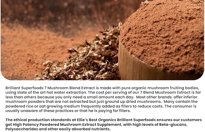 Ellie's Best 7 Mushroom Powder Extract Organic Blend - Reishi Lion's Mane Chaga Turkey Tail Cordyceps Maitake &amp Shiitake - Double Extracted - Pure No Fillers - 8oz / 228 1g Servings……