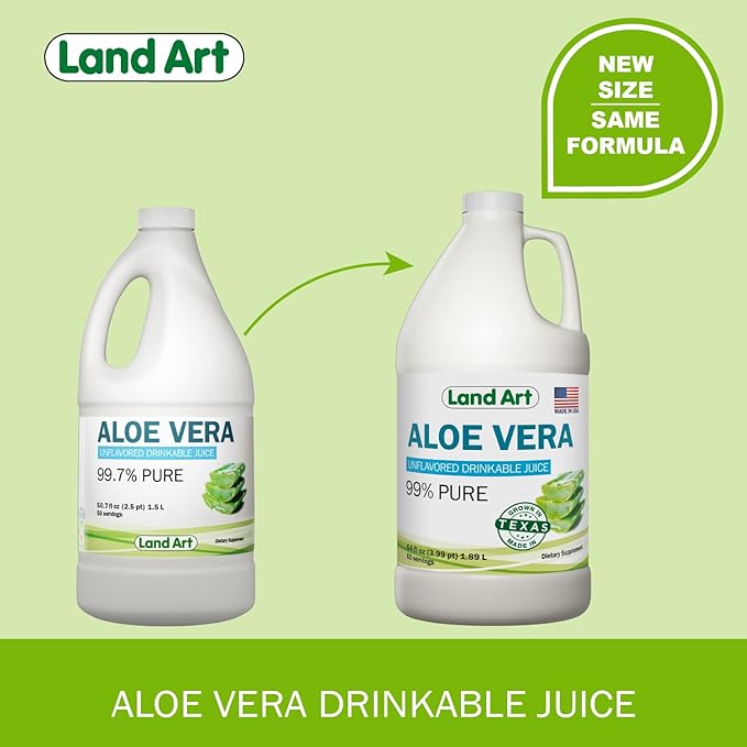 Land Art - Pure Aloe Vera Juice Unflavored – Cold-Processed - 99.7% Organic Aloe Vera Inner Fillet from Fresh Texas Leaves – Digestive Health Detox and Natural Wellness – 64 fl oz