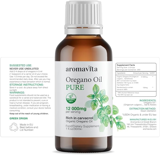 Essential Organic Oil of Oregano-100% Pure Undiluted Greek Oregano Oil with Carvacrol - Over 86% Non-GMO Extra Strength Oregano Oil Organic Liquid Drops 1 FL.OZ/30ml