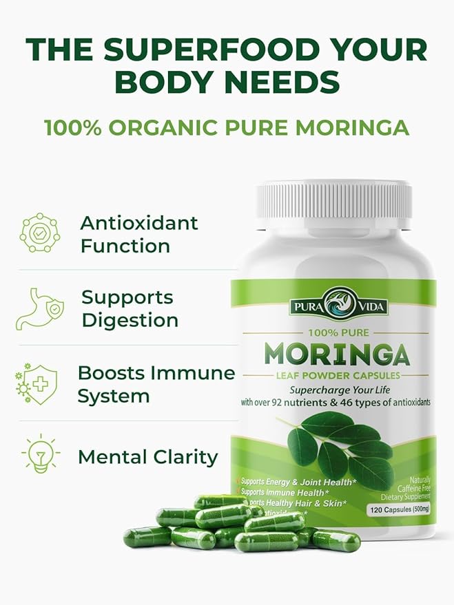 PURA VIDA MORINGA Organic Moringa Capsules Single Origin Moringa Powder Organic. Pure Moringa Leaf. Energy Metabolism &amp Immune Support. 120ct. 500mg Caps (Pack of 2)
