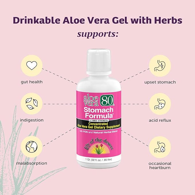 Lily Of The Desert Stomach Formula Aloe Vera 80 Gel - Concentrated Aloe Vera Juice with Slippery Elm Chamomile Peppermint and Ginger for Gut Health Heartburn Acid Reflux 32 Oz (Pack of 3)