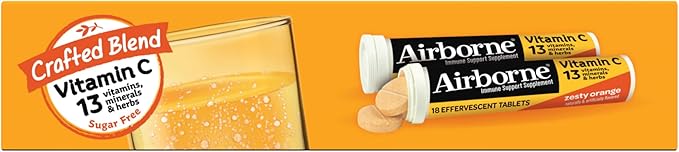 Vitamin C 1000mg (per serving) - Airborne Zesty Orange Effervescent Tablets (36 count in a box) Gluten-Free Immune Support Supplement With Vitamins A C E ZINC Selenium Echinacea &amp Ginger