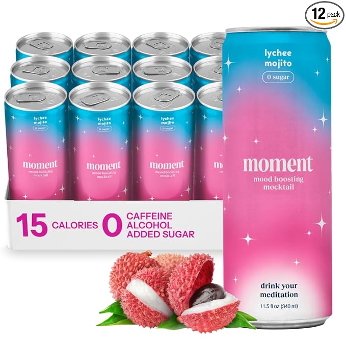Moment Mocktails Non Alcoholic Drinks (Shark Tank) | SPARKLING Lychee Mojito Adaptogen Drink | L-Theanine &amp Ashwagandha for Calm &amp Clarity | 0 Added Sugar 0 Caffeine | 12-pack