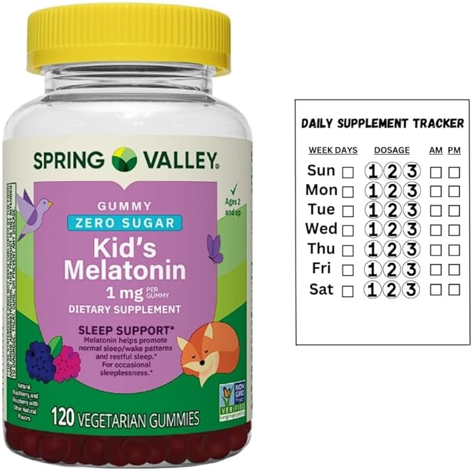 Melatonin for Kids Sleep Support Zero Sugar Spring Valley Dietary Supplement Gummies Raspberry and BlackBerry 1 mg 120 Count + Daily Supplement Tracker Sticker