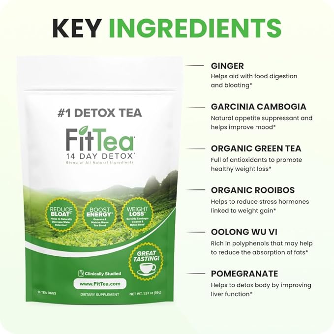 FitTea The Original 14 Day Detox Tea with Organic Green Tea ECGC Garcinia Cambogia and Ginger - Colon Detox Cleanse to Help Bloating and Support Metabolism