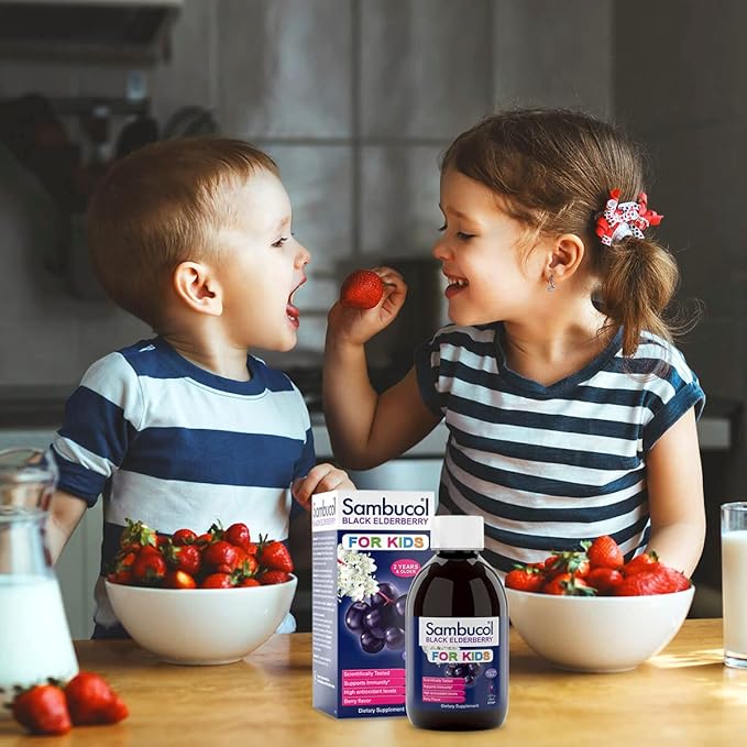 Sambucol Black Elderberry Syrup for Kids - Elderberry Liquid with Vitamin C for Kids No Artificial Flavors High Antioxidants Daily Wellness Support Berry Flavor - 7.8 Fl Oz