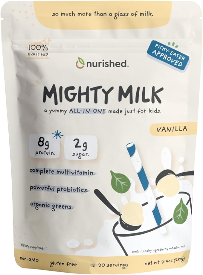 Vanilla Mighty Milk - Kids All-in-One Daily Protein Powder &amp Multivitamin Boosted with 2 Billion Probiotics &amp Organic Spinach - Natural Flavors Colors &amp Sweeteners - 15-30 Servings