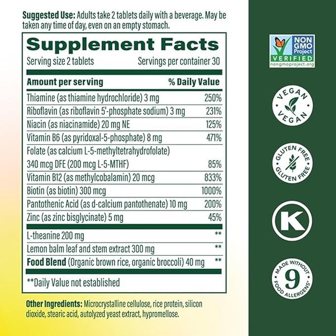 MegaFood L-Theanine &amp Vitamin B Complex with Vegan B12 B6 Folate Biotin &amp More - 200 mg L Theanine Supplement - B Complex Vitamins for Women &amp Men - Plus Lemon Balm &amp Zinc - 60 Tabl