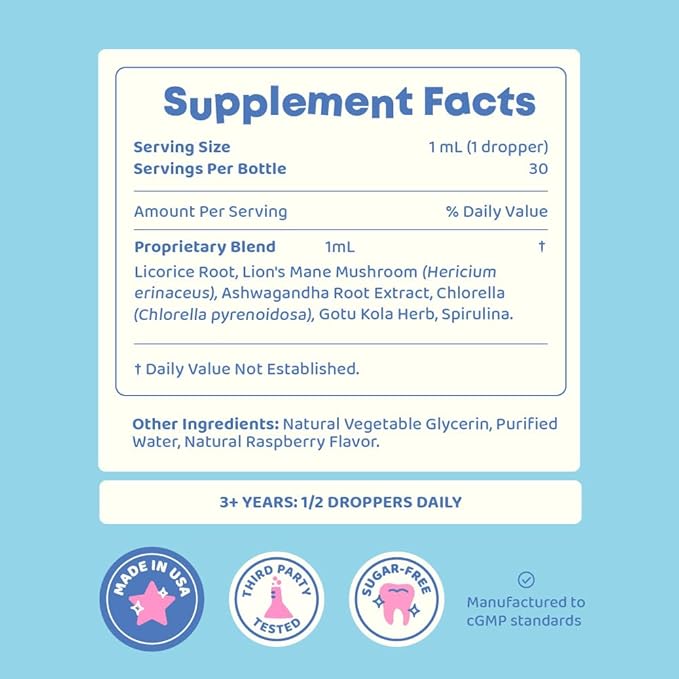 JoySpring Lions Mane for Kids Liquid Drops | LingoLeap Kids Cognitive &amp Brain Support Herbal Supplement | Lion’s Mane Mushroom with Gotu Kola &amp Ashwagandha |Raspberry Flavor| 30 Servings
