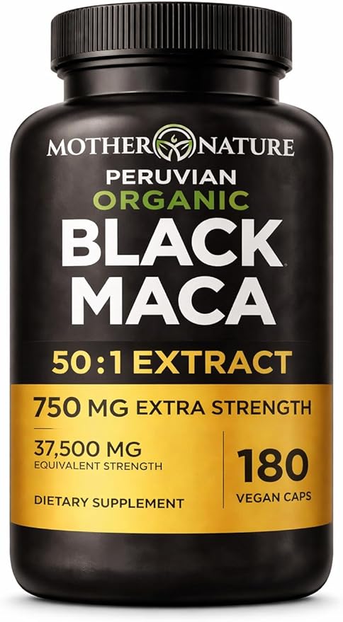 Black Maca Root 50:1 Extract 37500mg – 180 Capsules Organic Peruvian Maca Peruana Supplement for Men | High Potency Energy Mood &amp Performance Support | Vegan Non-GMO