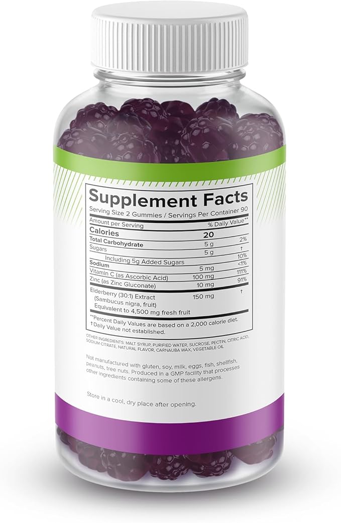 Natural BioScience Sambucus Elderberry Gummies with Vitamin C &amp Zinc Immune Support for Adults &amp Kids Daily Antioxidant &amp Wellness Boost 180 Vegan Gluten-Free Chewable Elderberry Gumm