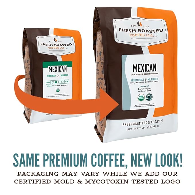 Fresh Roasted Coffee Organic Mexican | Mold &amp Myco 3rd Party Tested USDA Organic Kosher | Medium Roast 2 lb (32 oz) Whole Bean