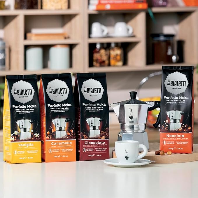 Bialetti - Perfetto Moka Nocciola: Gemahlener Kaffee mit mittlerer Röstung Haselnuss-Aroma 250g x 6 Beutel mit Aromaschutzventil