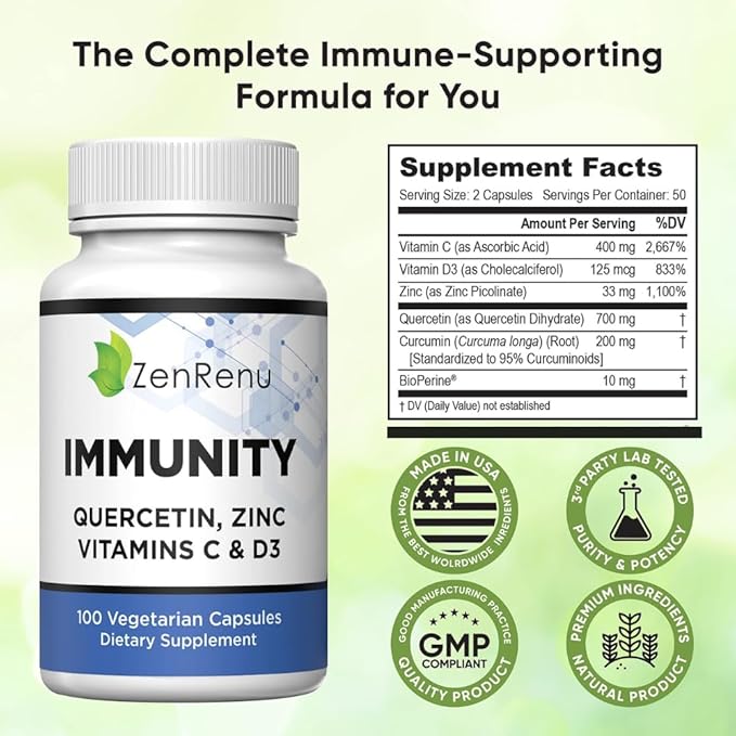 Zenrenu Immunity Quercetin 700 mg Zinc Vitamin C Vitamin D Immune Support Supplement with Curcumin - Easy to Absorb Immunity Supplement 100 Vegetarian Capsules 50 Day Supply