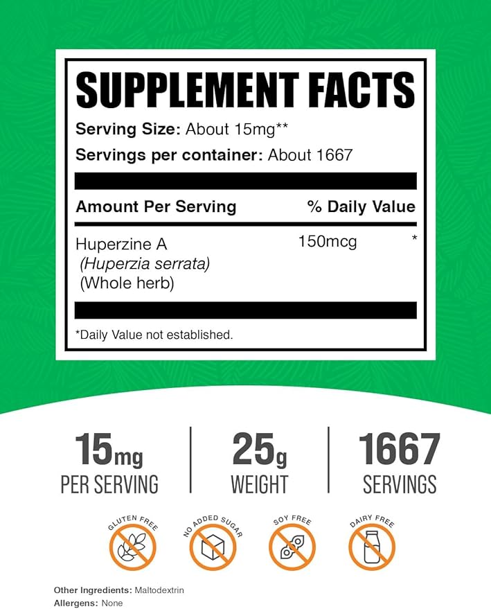 BulkSupplements.com Huperzine A Powder - Huperzia Serrata Powder Huperzine A Supplement - Nootropic Supplement Gluten Free 15mg per Serving 25g (0.88 oz) (Pack of 1)