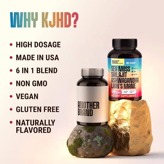 KJHD 2 Pcs Shilajit Ashwagandha Gummies with Sea Moss Beet Root Lion’s Mane Mushroom &amp Black Seed Oil – Organic Herbal Superfood Supplement – 120 Vegan Gummies