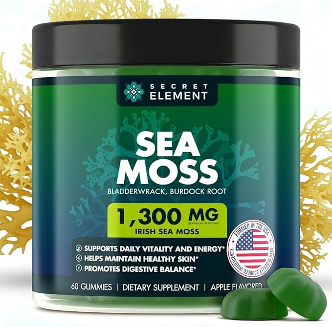 Secret Element Sea Moss Gummies 1300MG for Women and Men Irish Sea Moss with Bladderwrack &amp Burdock Root Vegan Sea Moss Gummies Sugar Free Non-GMO Apple Flavor 60 Gummies