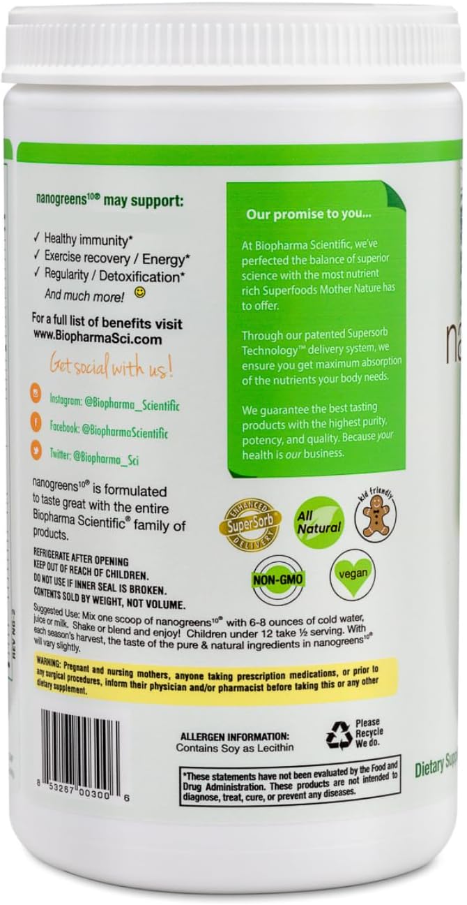 Biopharma Scientific NanoGreens: Greens Superfood Fruit &amp Vegetable Powder for Digestive Health &amp Immunity with Spirulina Chlorella Kale Spinach Plant Based Green Apple Flavor 30 Serving