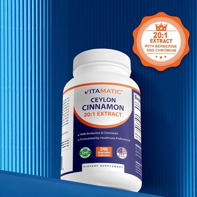 Vitamatic Ceylon Cinnamon &amp Berberine with Chromium – Plant-Based Botanical Extract – Vegetable Capsules – Non-GMO Gluten-Free – Concentrated Herbal Supplement – 240 Capsules