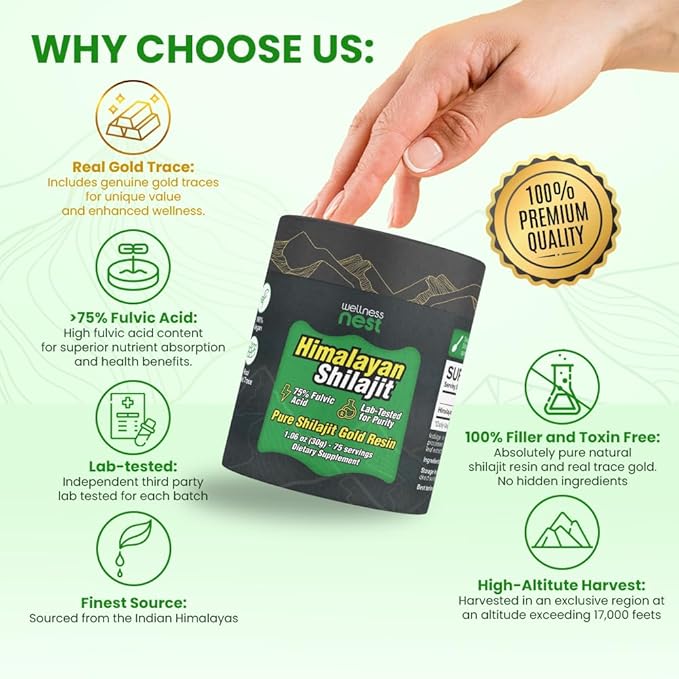 Wellness Nest Gold Grade Pure Himalayan Shilajit Resin: Ultimate Potency for Men &amp Women - 24k Gold 75%+ Fulvic Acid Lab Test Report Included - 30g (1 Pack) 75 Servings