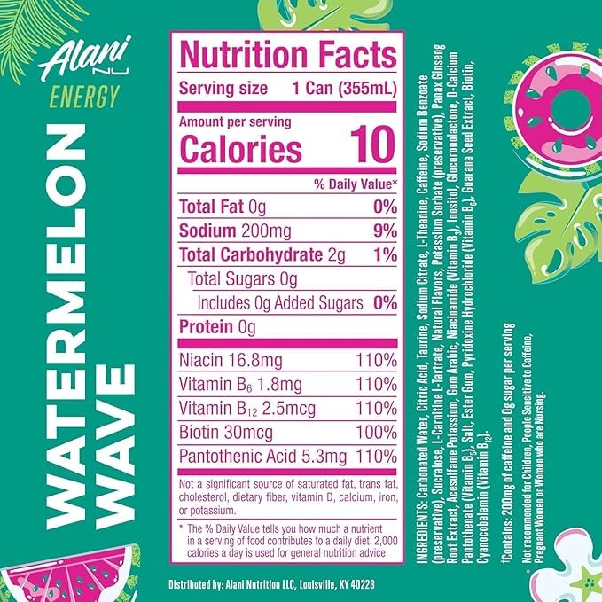 New Alani Watermelon Wave Energy Drink Low Calorie Zero Suger Energy Boost Alani Drinks12 Fl oz Cans (Pack Of 6) REPACKAGED BY Trendy Stuff Online