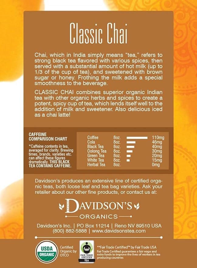 Davidson's Organics Classic Chai 8-count Tea Bags Pack of 12
