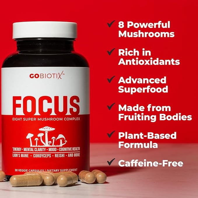 GOBIOTIX Focus Lion's Mane Supplement - Mushroom Complex - Nootropics Adaptogen Vitamins - Memory Clarity Energy Immune Support Cordyceps Reishi Chaga and Maitake - 90 Capsules