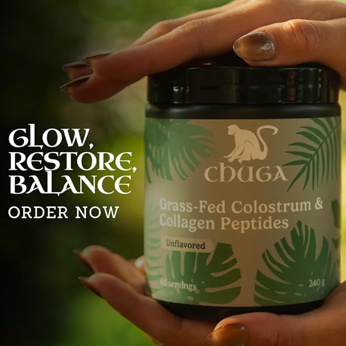 Chuga Grass Fed Colostrum &amp Collagen Peptides 60 Servings | Enhances Hair &amp Nails | Glowing Skin | Gut Wall Strengthening