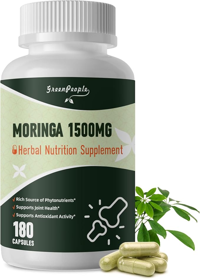 GREENPEOPLE Whole-Leaf Moringa Capsules 1500mg - High Potency 10:1 Moringa Oleifera Leaf Extract - Natural Green Superfood for Energy &amp Immune Support - Vegan Non-GMO Caffeine Free - 180 Count