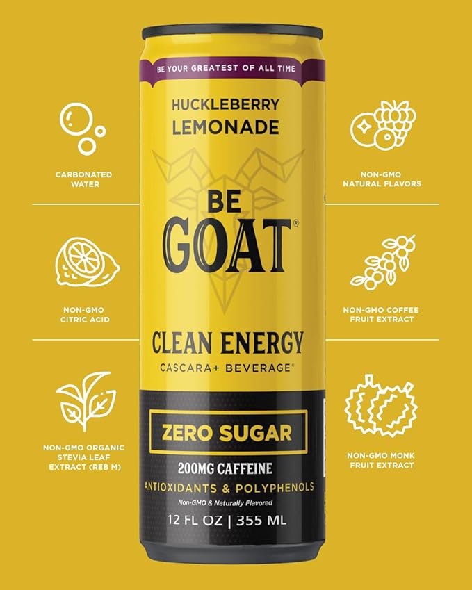 BeGOAT Clean Energy | Huckleberry Lemonade Zero Sugar | 6 Ingredients Plant-Based Zero Sugar Non-GMO Vegan | 200mg Natural Caffeine | 12 fl oz Cans (Pack of 12)