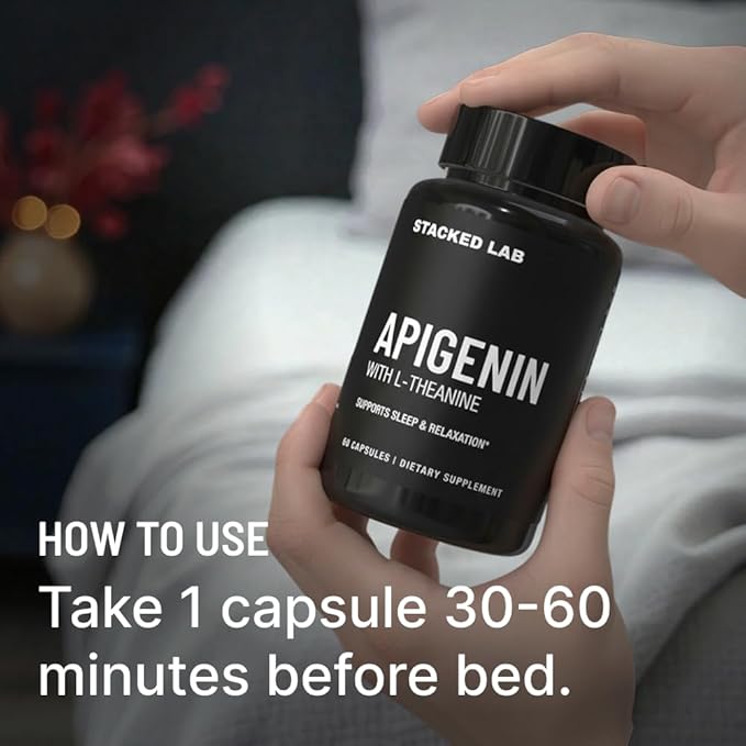Apigenin with L-Theanine for Better Sleep | Premium Sleep Support Relaxation &amp Sleep Quality Aid | Non-Drowsy Melatonin Free | 60 Capsules