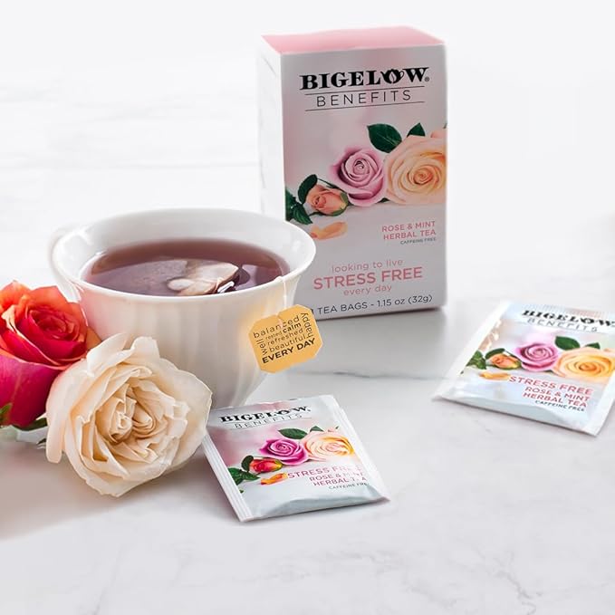 Bigelow Benefits Stress Free Rose &amp Mint Herbal Tea Caffeine Free 18 Count (Pack of 6) 108 Total Tea Bags