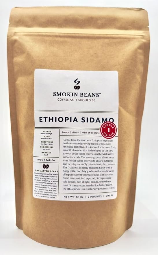 2-Pound Ethiopia Sidamo Natural Unroasted Green Coffee Beans Fresh Current Crop Specialty Grade Roast the Beans Yourself at Home on Your Roasting Equipment Prior to Using for Brewing Coffee
