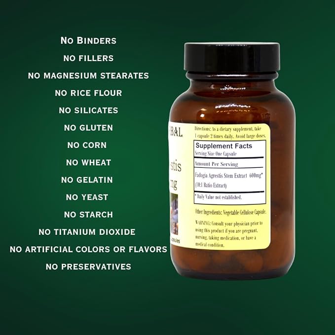 Barlowe's Herbal Elixirs Fadogia Agrestis Extract - 60 600mg VegiCaps - Stearate Free Glass Bottle!