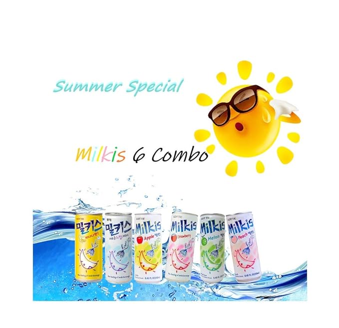 Lotte Milkis 6 Flavors Combo (Original Apple Melon Peach Banana &amp Strawberry) (6 x 4 cans 8.45 FL Oz(Pack of 24))