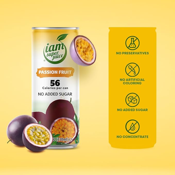 I am Superjuice Passion Fruit - Natural Fruit Juice Drink - Zero Added Sugar - Low in calories (56 per can) - 12 Pack x 11.16 FL OZ