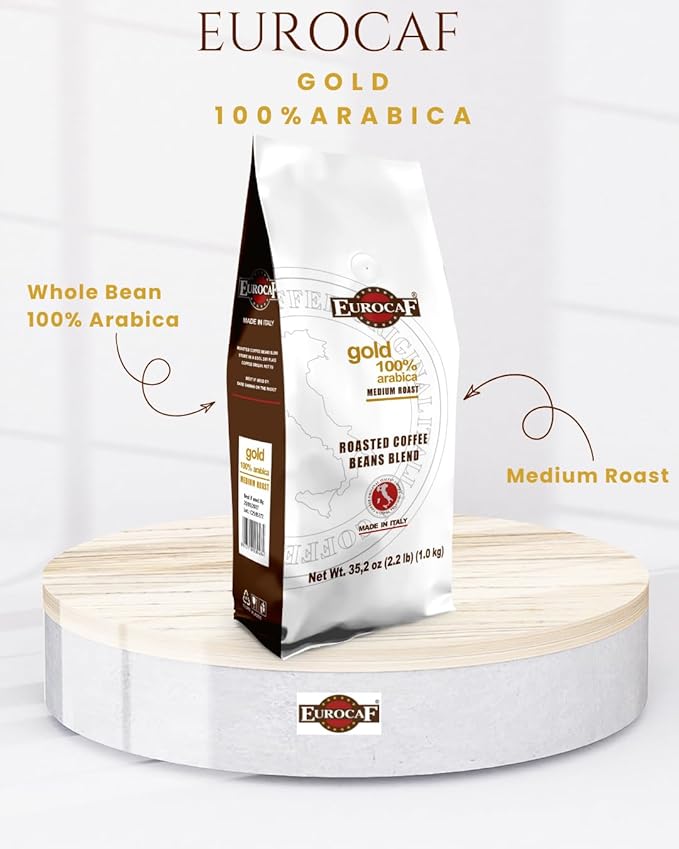 Eurocaf Blend Gold 100% Arabica Whole Bean Coffee Medium Roast 2.2 Ib Original Italian Coffee (Pack of 1)