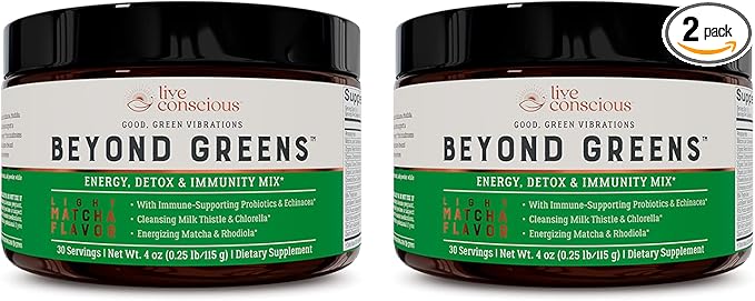 Live Conscious Beyond Greens Concentrated Superfood Powder - Matcha Flavor w/Chlorella Echinacea Probiotics for Immune Support &amp Energy - 30 Servings (2-Pack)