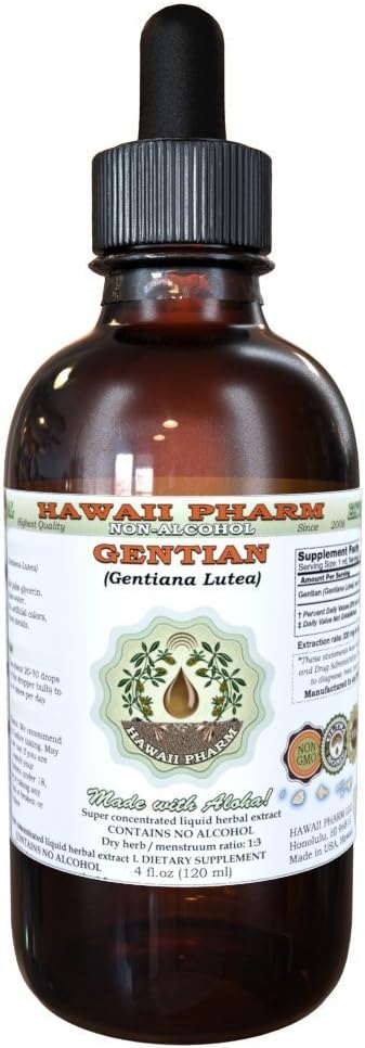 Hawaii Pharm Gentian Alcohol-Free Liquid Extract Gentian (Gentiana Lutea) Dried Root Glycerite Natural Herbal Supplement 2 oz