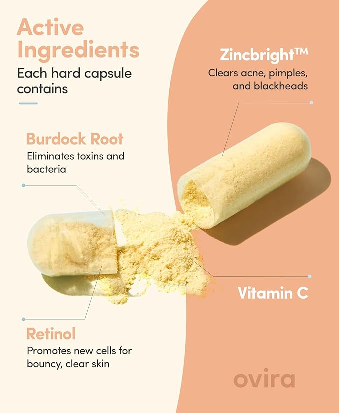 Ovira Skin Clear with ZINCBRIGHT - 60 Capsules for Clear and Glowing Skin | Rosacea &amp Hormonal Acne Treatment | Support Collagen Production | Acne Supplements for Women &amp Men - Pack of 2