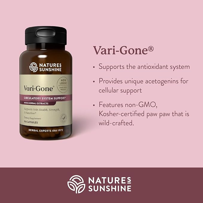 Nature's Sunshine Vari-Gone 90 Capsules Varicose Vein Supplements with 7 Powerful Herbs and Nutrients That Support Circulation for Vein Health Strength and Function