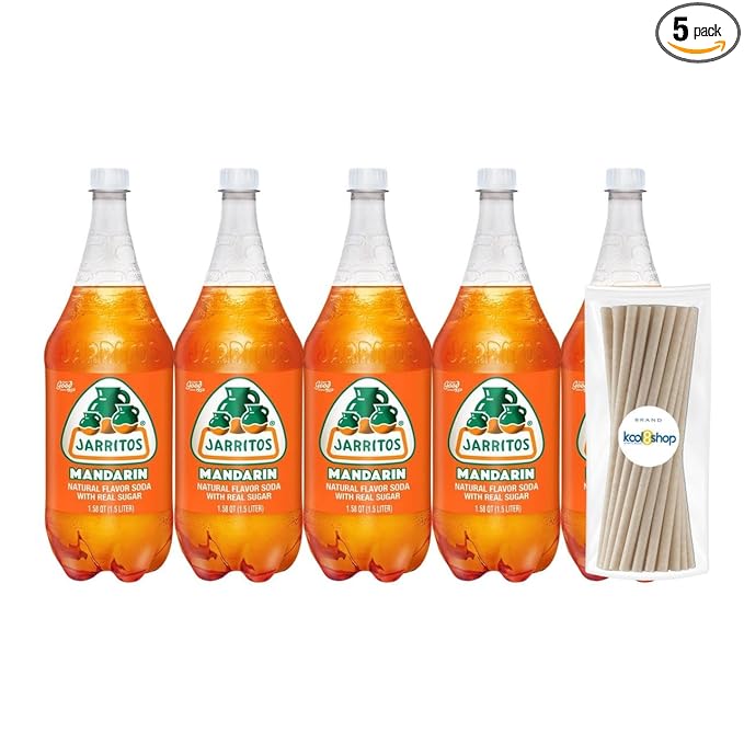 Jarritos Mandarin Mexican Soft Soda Drink 1.5 Lt Plastic Bottles 5 Pack + 15 Sugarcane Disposable Straws by KOOL8SHOP Infinite Deals