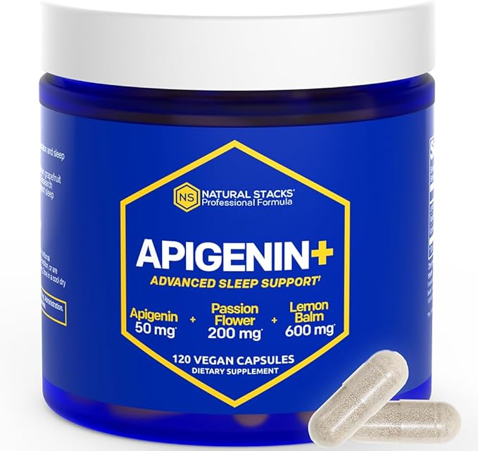 NATURAL STACKS Apigenin Supplement for Sleep - 50mg Apigenin &amp 600mg Lemon Balm - Melatonin Free Sleep Aid - with Passion Flower Extract for Stress Support* - 120 Lemon Balm Capsules