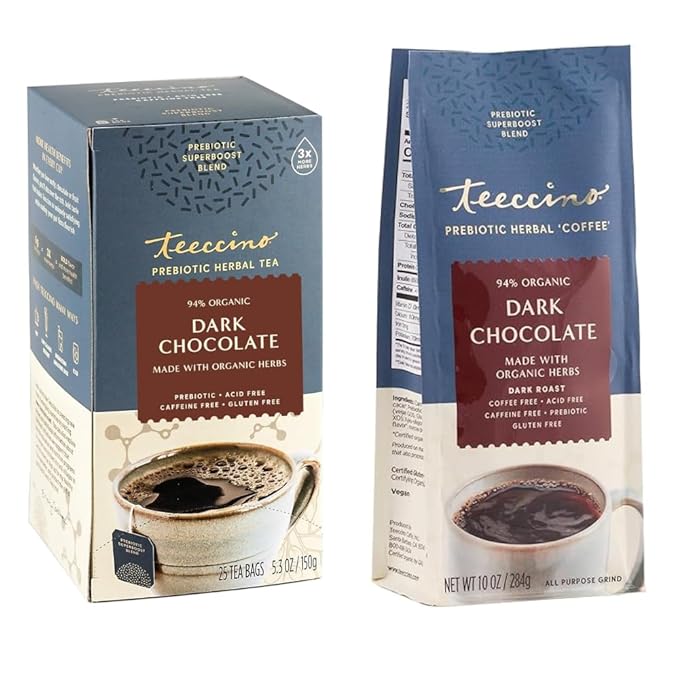 Teeccino Dark Chocolate Prebiotic SuperBoost Bundle - 25 Tea Bags 10 Ounce Herbal Coffee