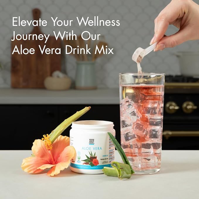 Yes You Can! Aloe Vera Powder Drink Mix - Hydration Booster Infused with Pure Organic Aloe Vera Extract - Delicious Flavors - Made in USA - Antioxidant Rich - Hibiscus Flavor - 40 Servings Per Caniste