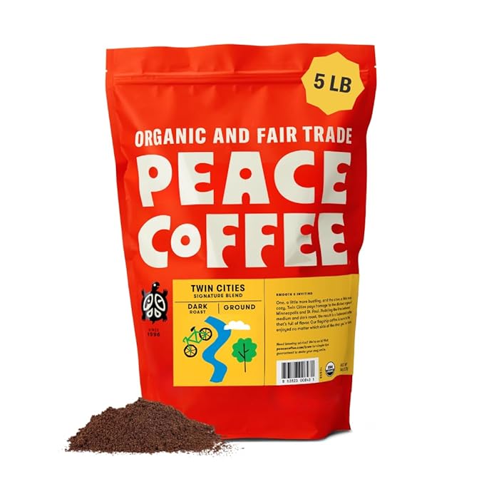 Peace Coffee Twin Cities Signature Blend Ground Dark Roast Coffee 5 lb Organic Fair Trade Nutty Bold Flavor Shade Grown Fresh Roasted